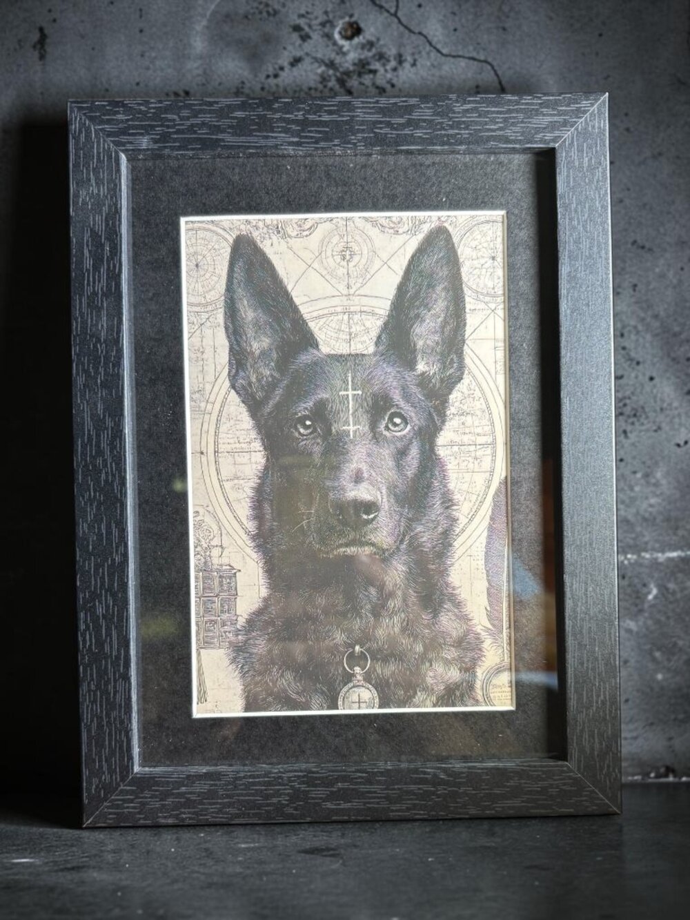 Gothic Black Dog Portrait Art Print | New 5x7 Framed Decor
